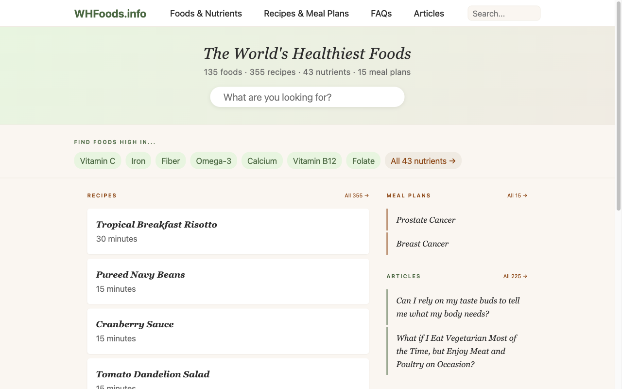 WHFoods.info homepage showing the search bar, content statistics, and featured section links